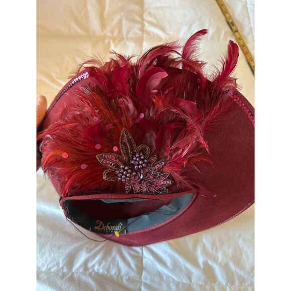 Deborab Fedora Hat Wide Brim Feathers Wool Burgundy